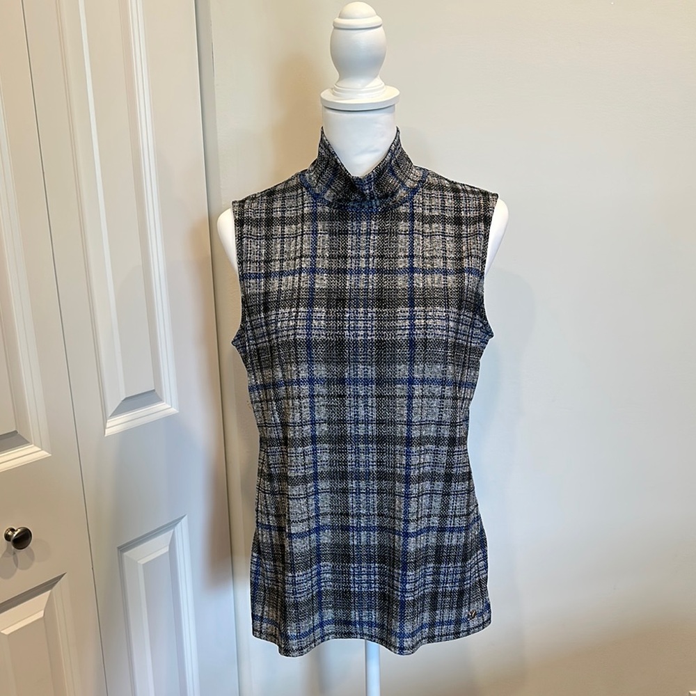 Calvin Klein Blue and Gray Plaid Sleeveless Blouse